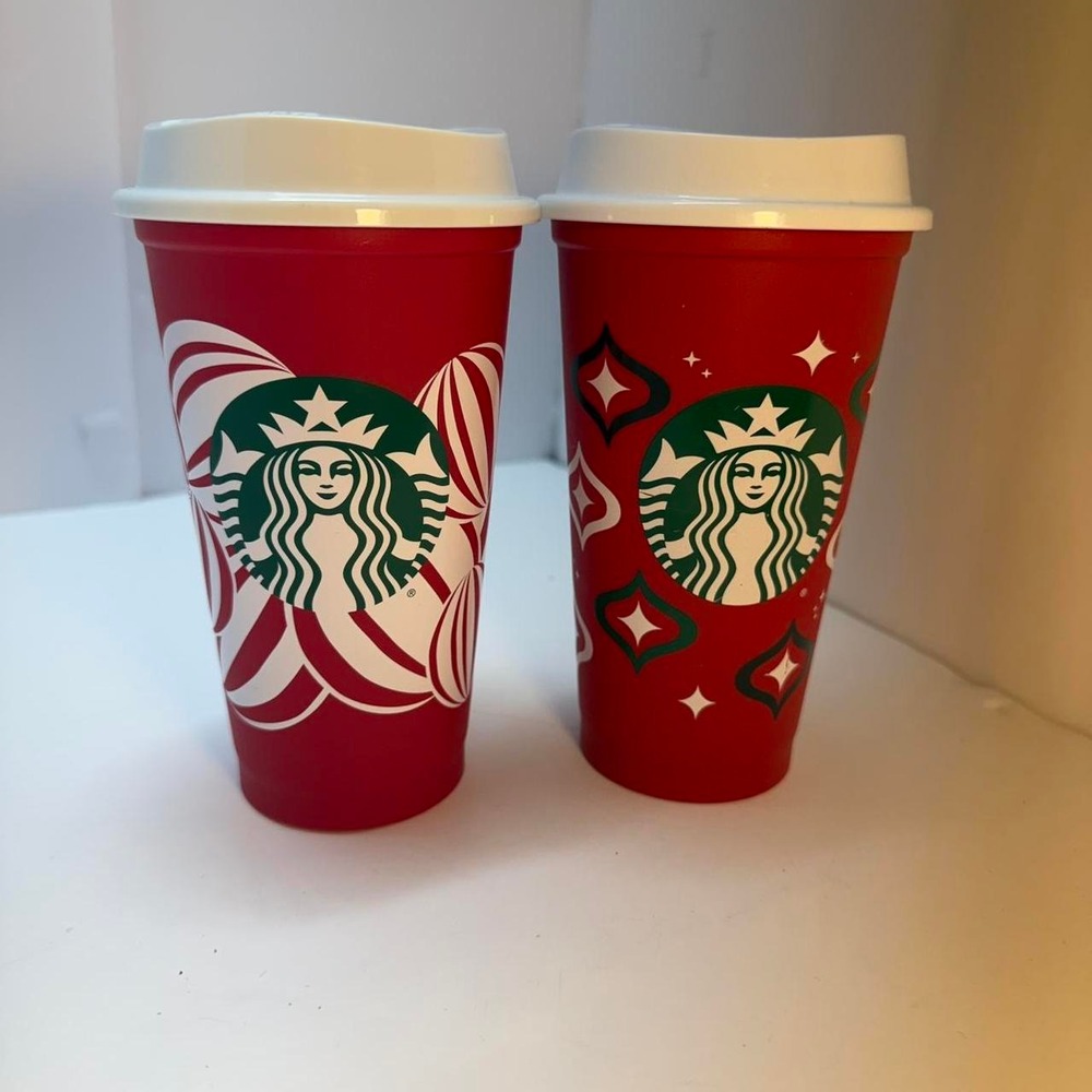 Starbucks Holiday Reusable Hot Cups Set of 2 Red White 16oz Travel Tumblers